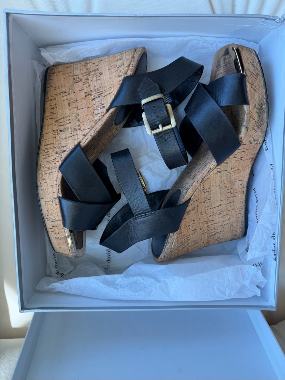 Charles David Black Cork Wedge Sandals with Gold Accent
